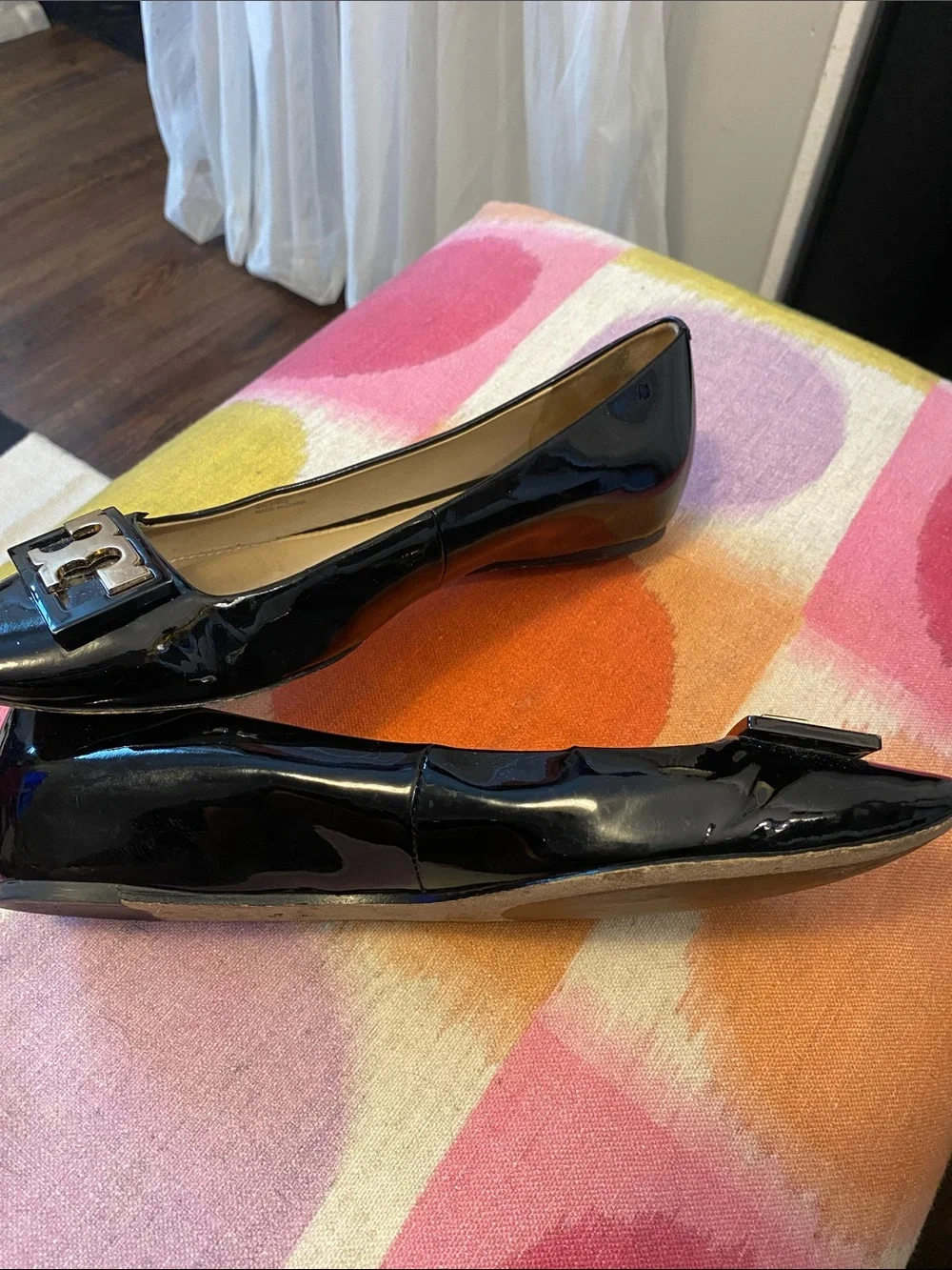 Tory Burch Black Patent Leather Ballet Flats with Gold Logo